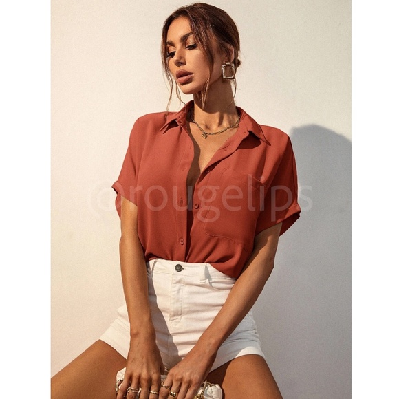 Burnt Orange Casual Button Up / Down Shirt Collar, V-Neck Button Front - Picture 7 of 15